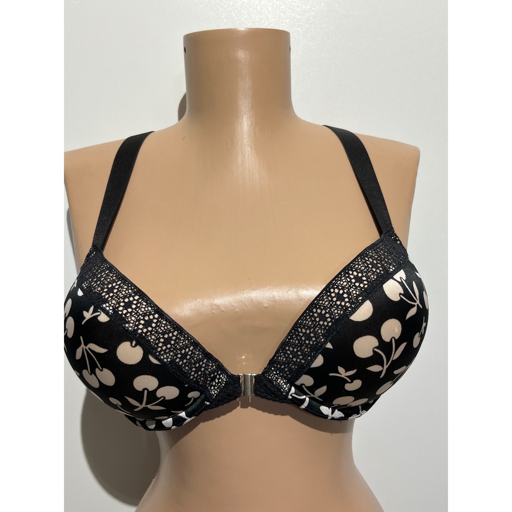 Victoria's Secret Bombshell Plunge Bra 34B Black White Cherry Print Front Close